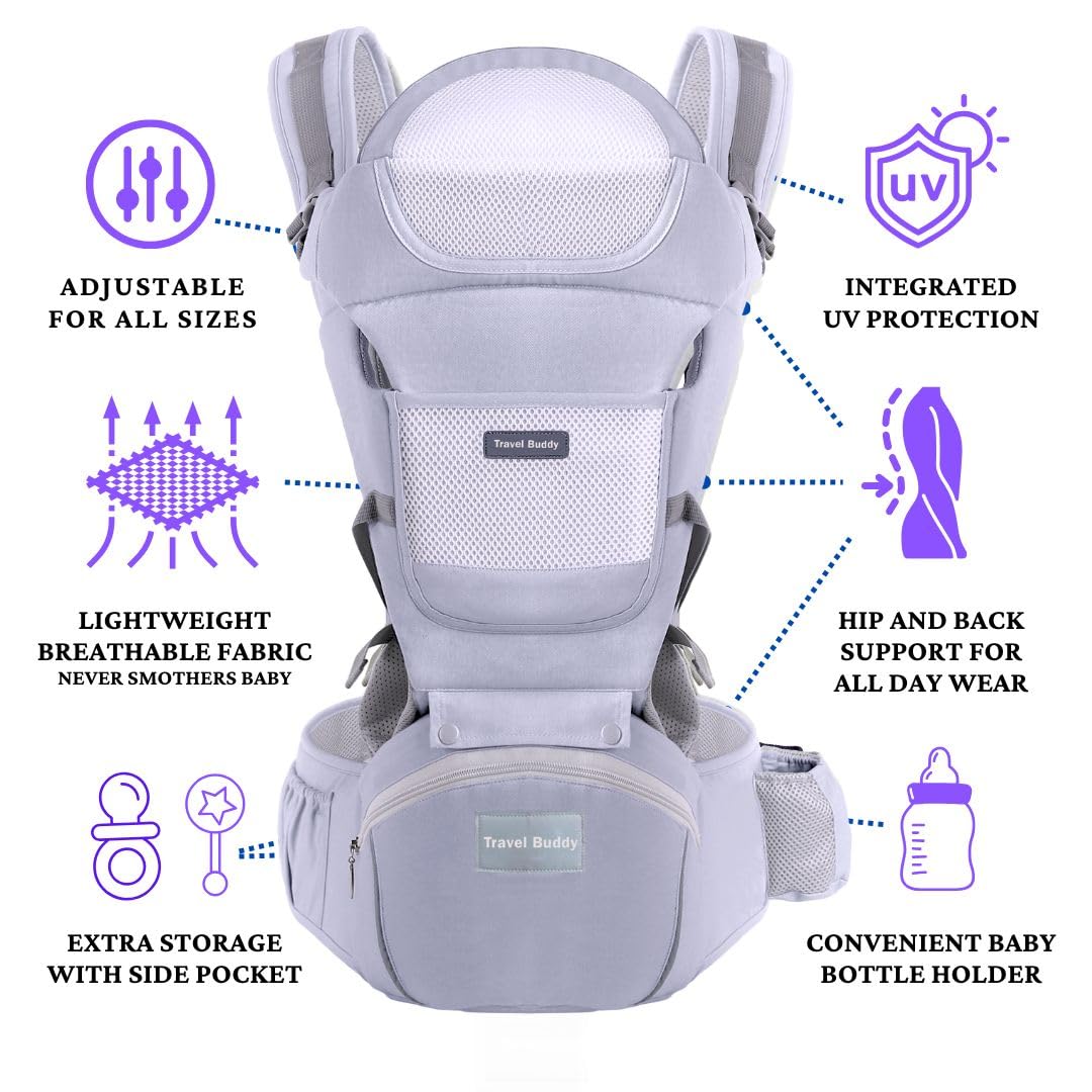 Eazy Buddy Travel Buddy breathable-mesh fabric keeps wearers cool on long outings.