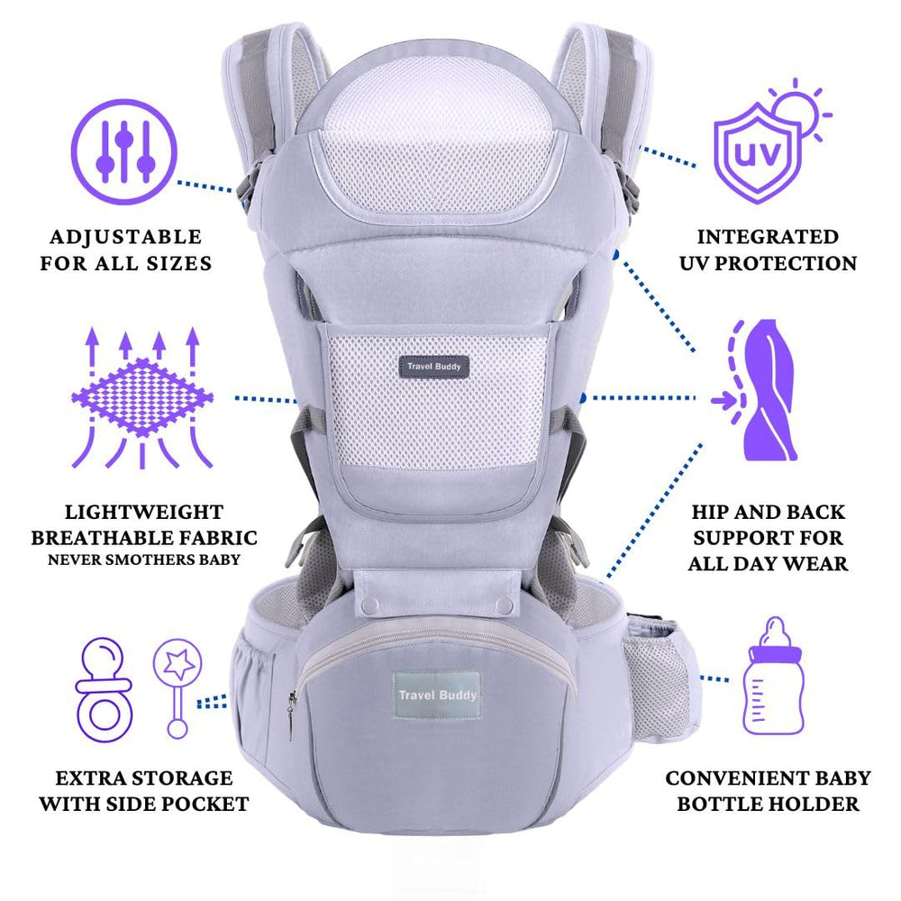 Eazy Buddy Travel Buddy breathable-mesh fabric keeps wearers cool on long outings.