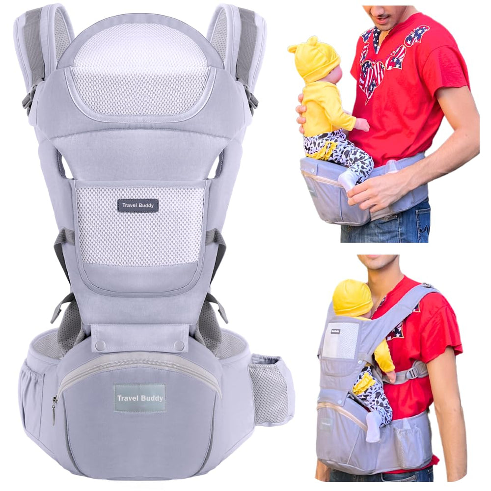 Eazy Buddy Travel Buddy carrier front-hip-seat setup providing ergonomic hip support.