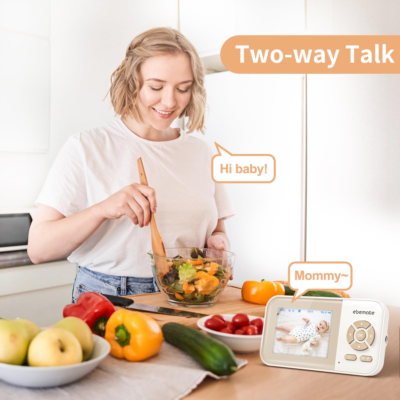 ebemate baby monitor smart VOX mode dims screen and alerts on sound.