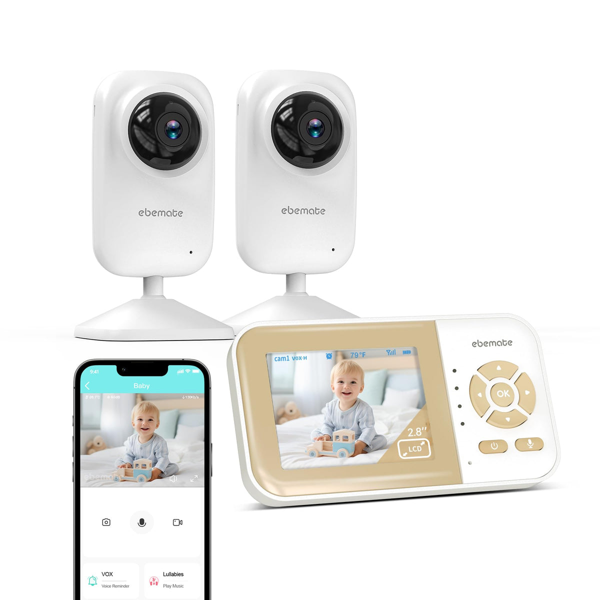 ebemate EB29-2 two-camera monitor front view with compact 2.8 inch screen for quick checks