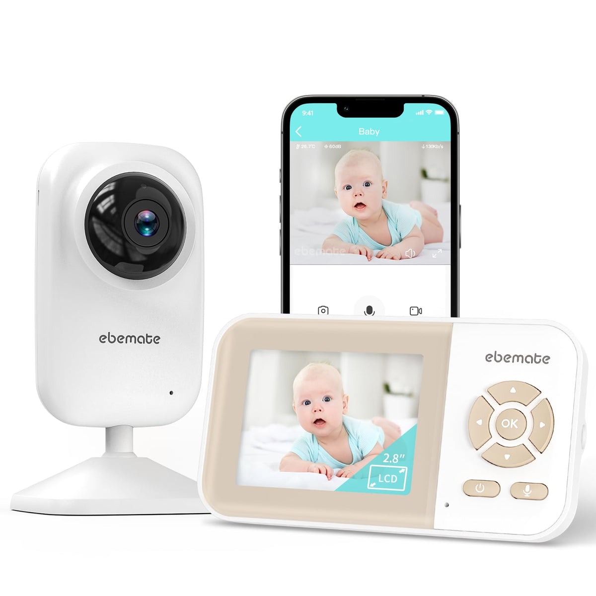ebemate video baby monitor front view shows compact bedside setup for easy monitoring