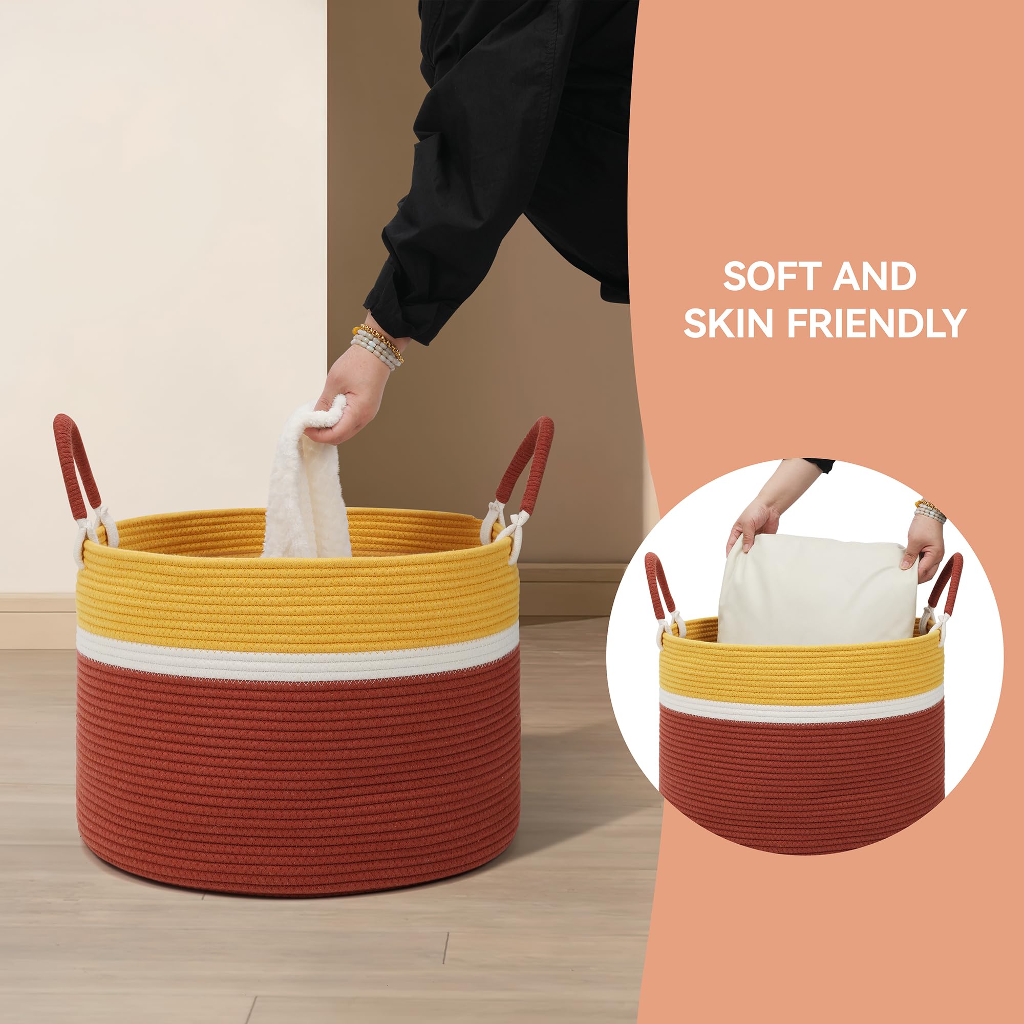 Eblog Large Blanket Basket with laundry demonstrates versatile, tidy storage.