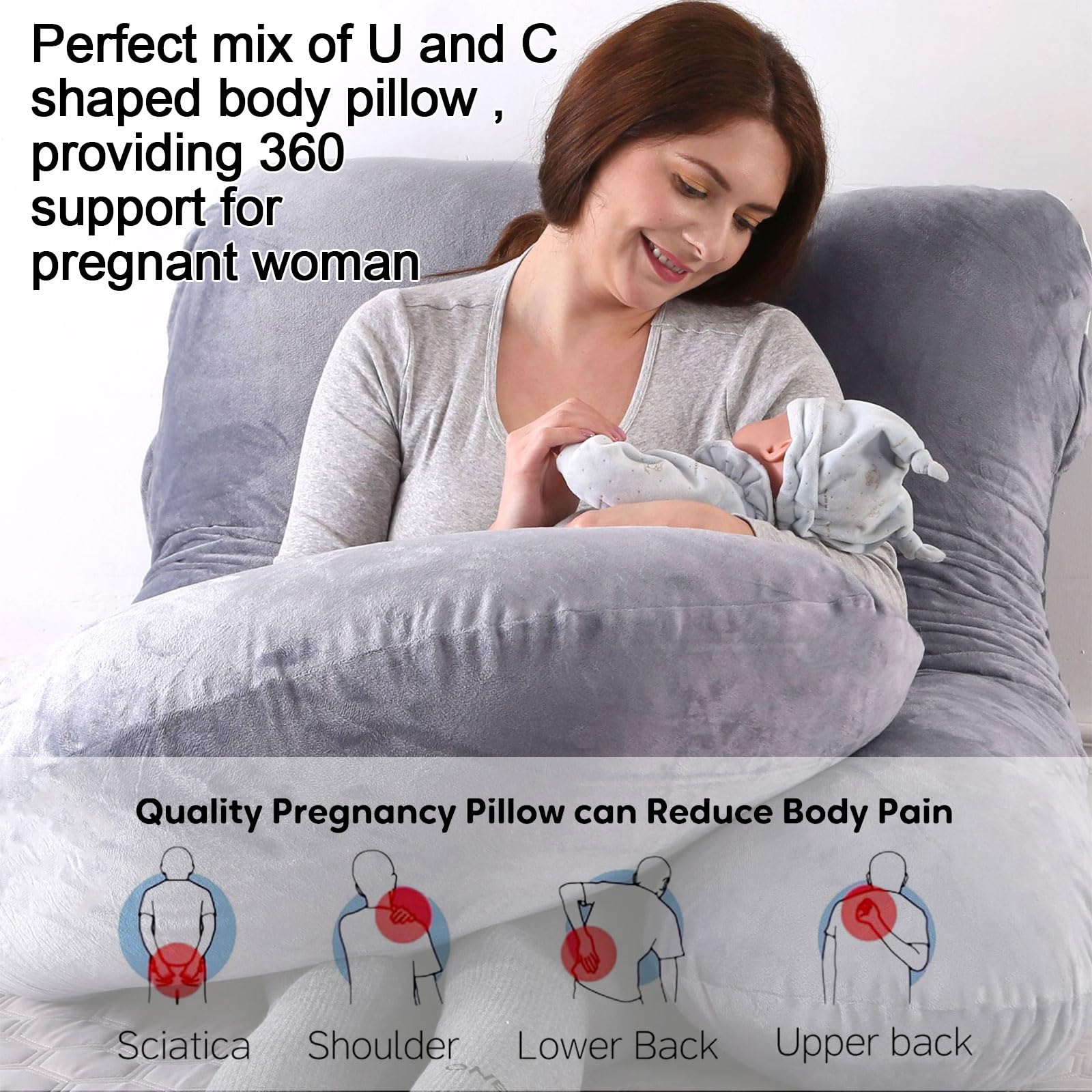 ECCN pregnancy pillow removable cover closeup highlights easy-to-clean fabric and soft touch.