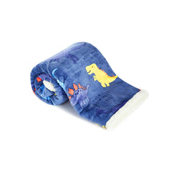 ECHERY navy blue dinosaur wrap swaddle blanket close-up shows soft flannel texture for extra warmth.