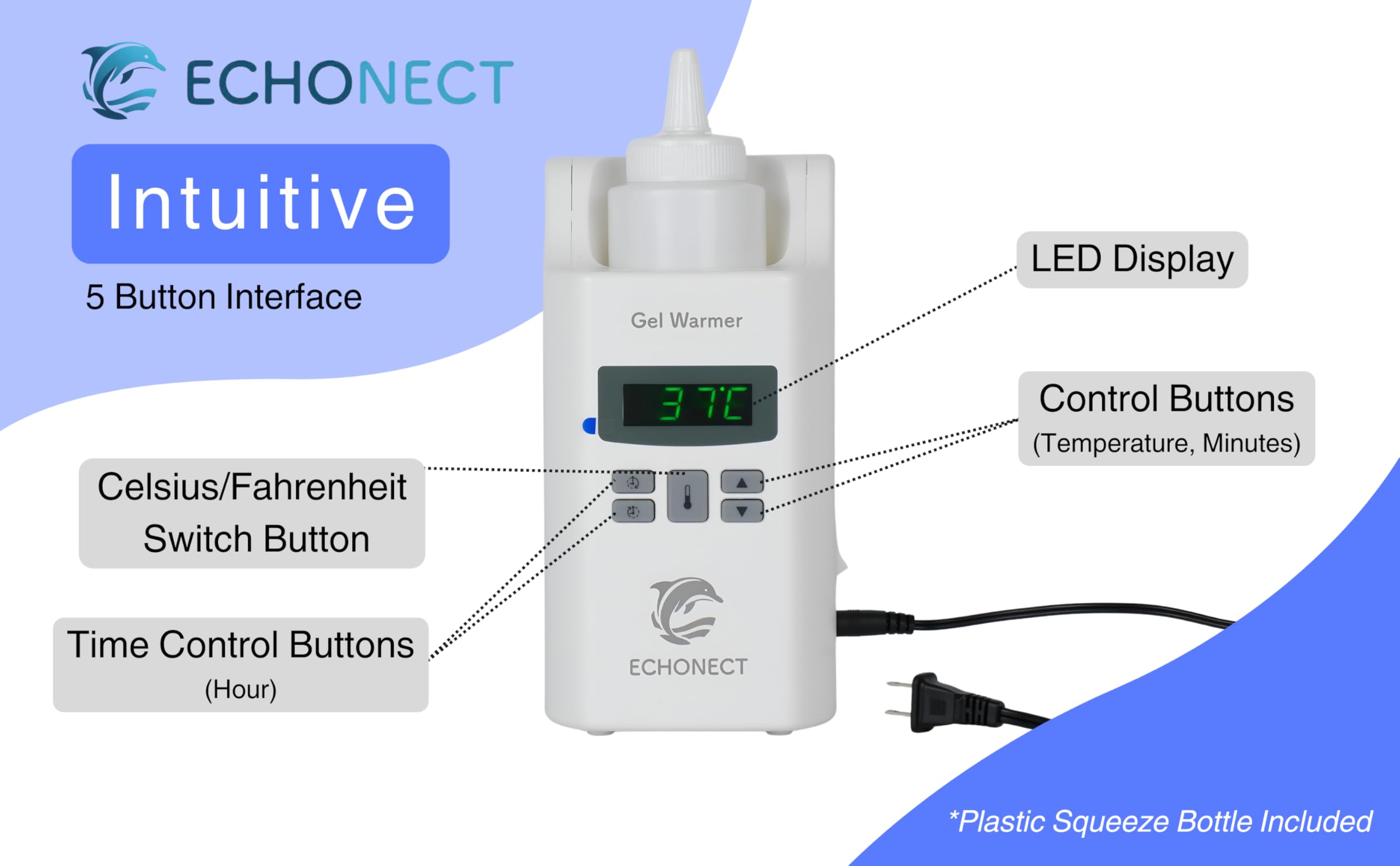 Echonect gel warmer top controls enable precise temperature for customized sessions