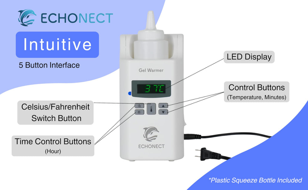 Echonect gel warmer top controls enable precise temperature for customized sessions