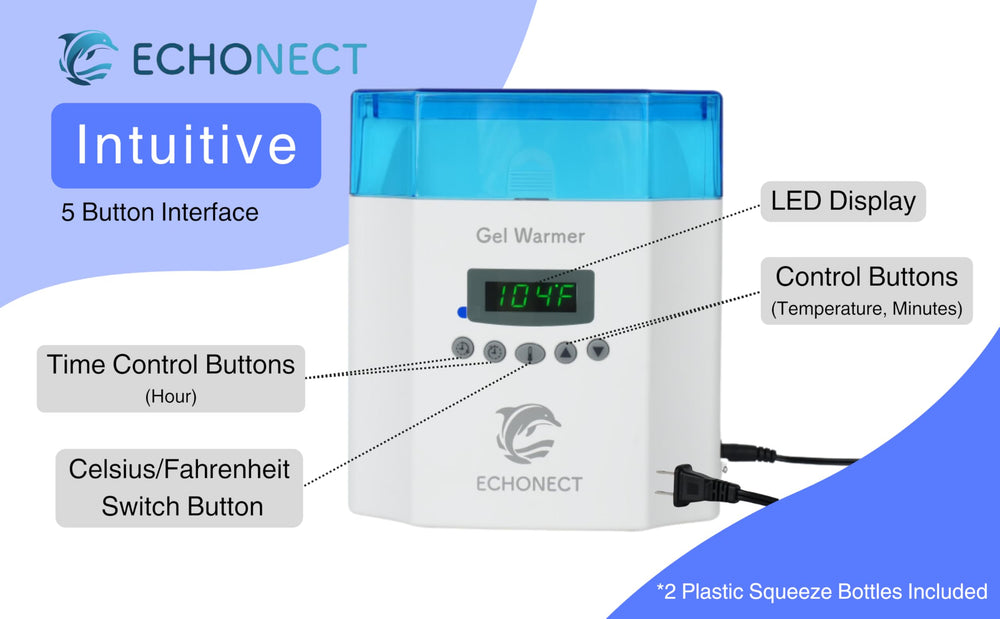 Echonect Premium Digital 2-Bottle Gel Warmer side view, quick pre-session warming