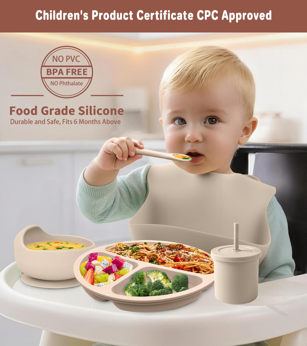 ECLIP silicone baby feeding set divided bowl shows three compartments for organized foods.