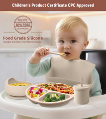 ECLIP silicone baby feeding set divided bowl shows three compartments for organized foods.