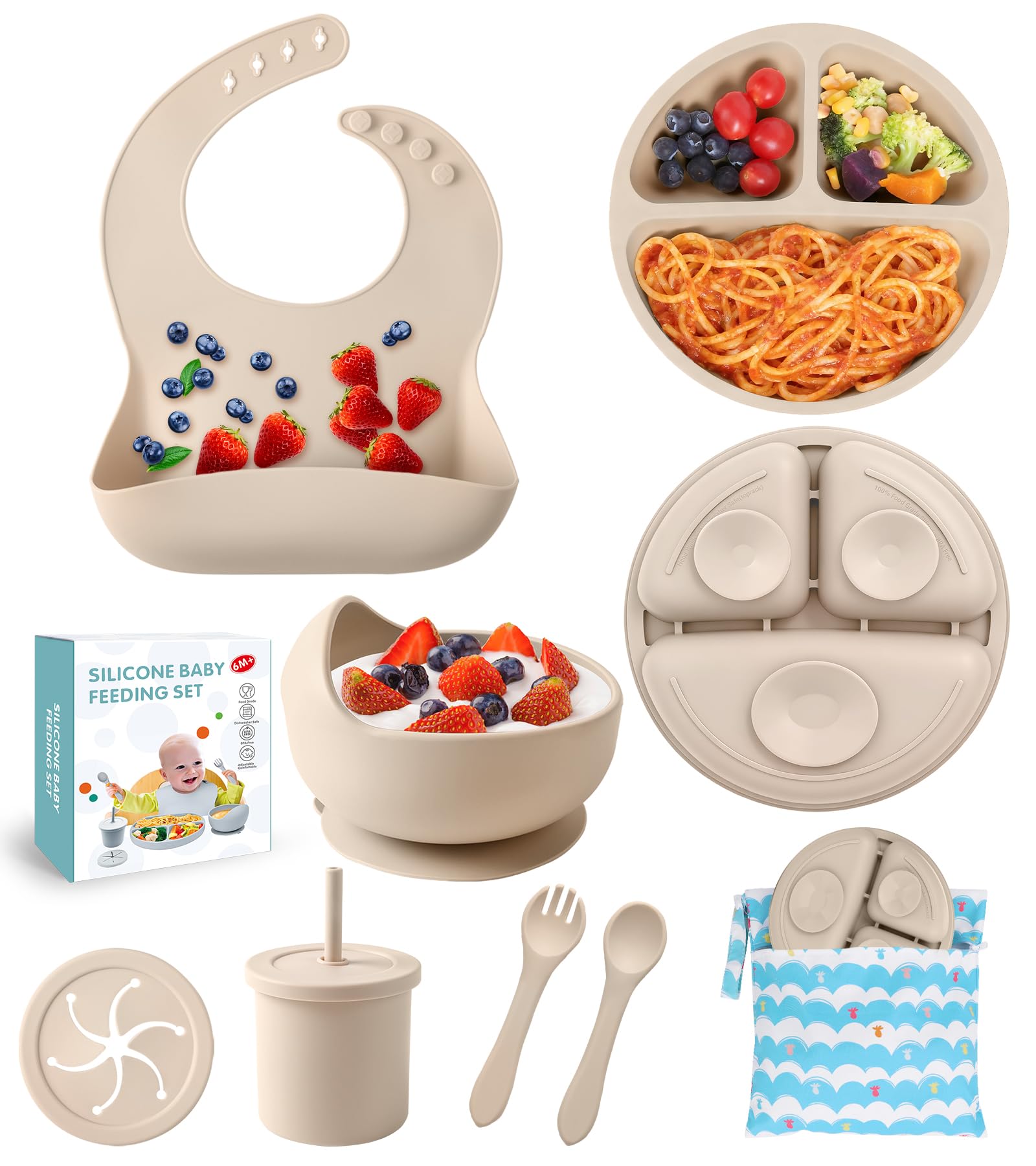 ECLIP silicone baby feeding set suction cup grips securely on a smooth tray for mess-free meals.