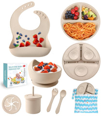 ECLIP silicone baby feeding set suction cup grips securely on a smooth tray for mess-free meals.