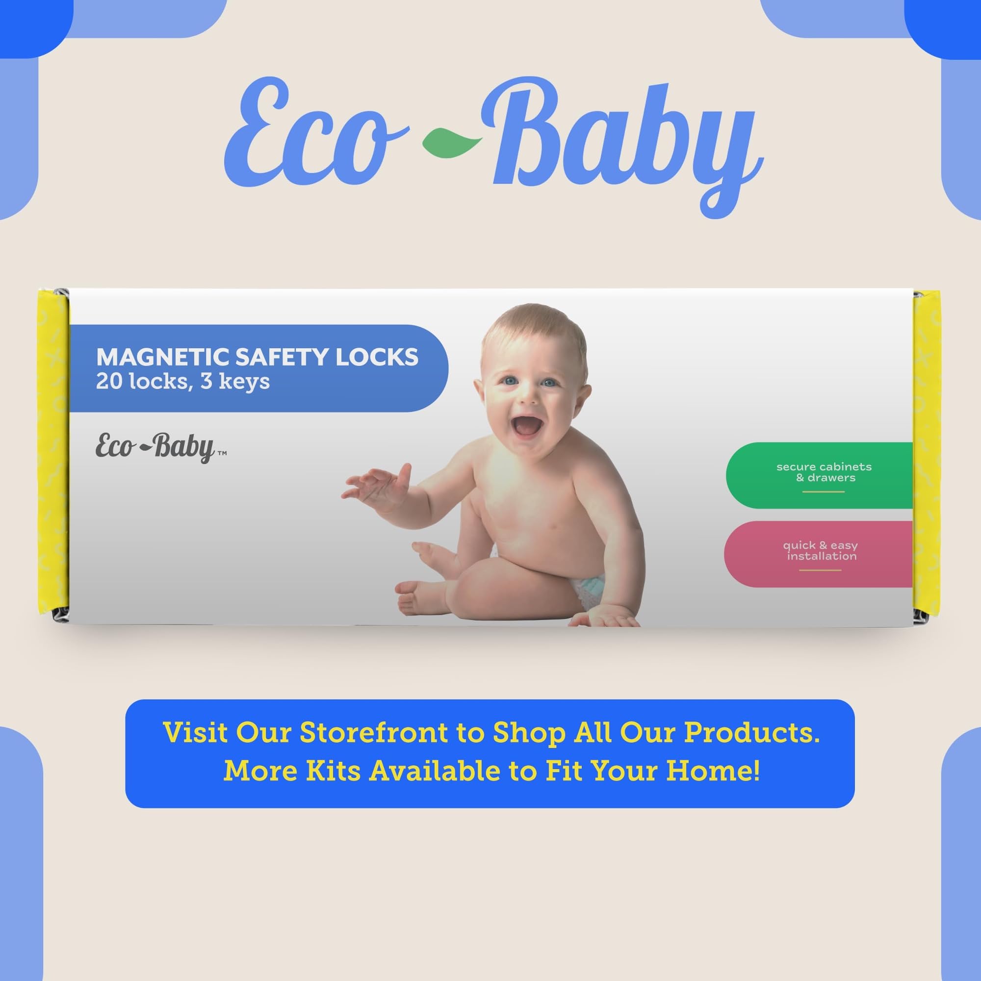 Eco-Baby magnetic cabinet locks on multiple doors shows versatile baby proofing.