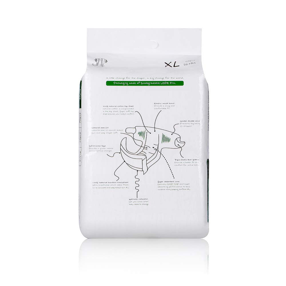 Eco Boom diaper with fluorescent-free adhesives keeps skin irritation minimal.