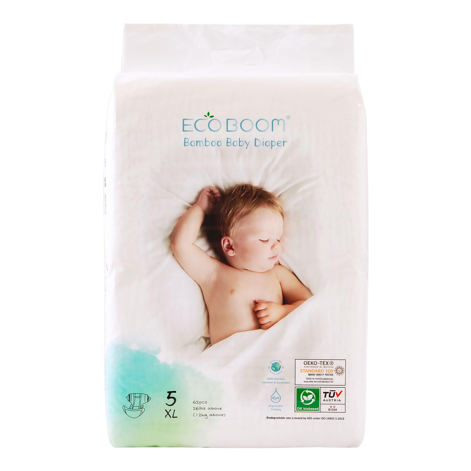Eco Boom diapers outer pack front view highlighting 62-count size 5 for easy budgeting.