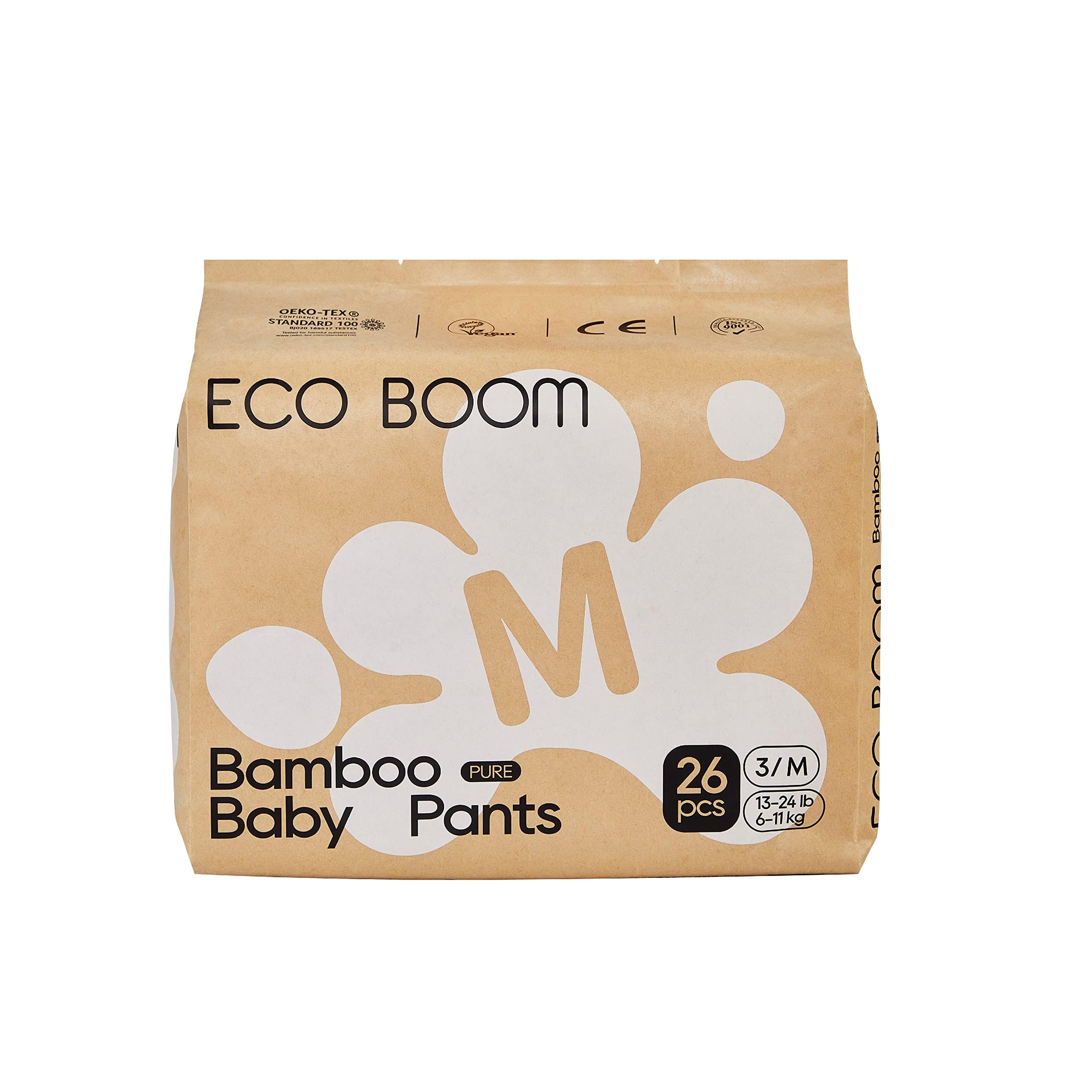 Eco Boom Training Pants front packaging shows skin-friendly design for sensitive skin.