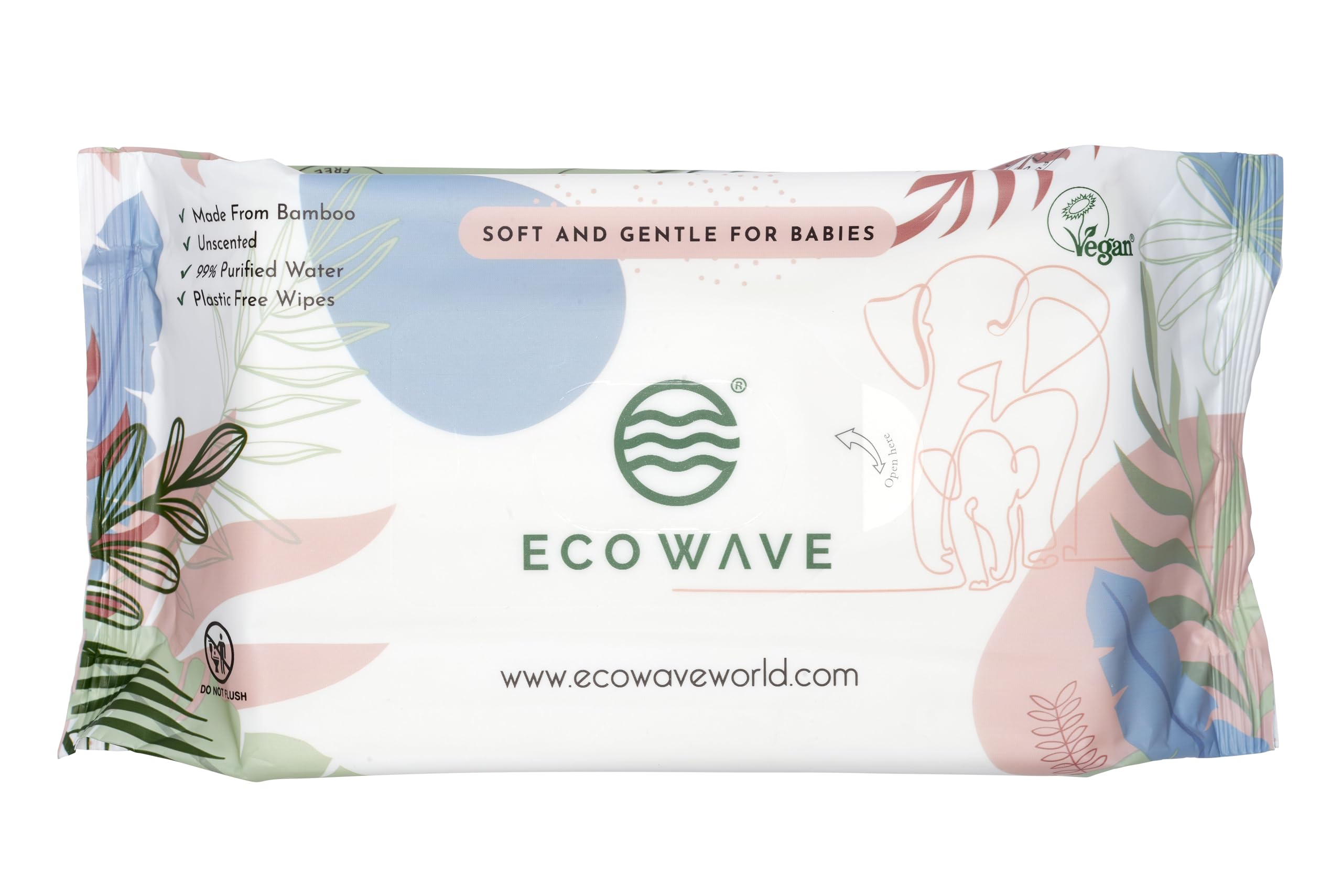 Eco Wave Baby Wipes recyclable packaging close-up underscores sustainability.
