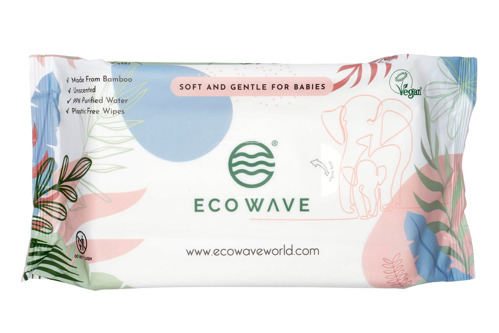 Eco Wave Baby Wipes recyclable packaging close-up underscores sustainability.
