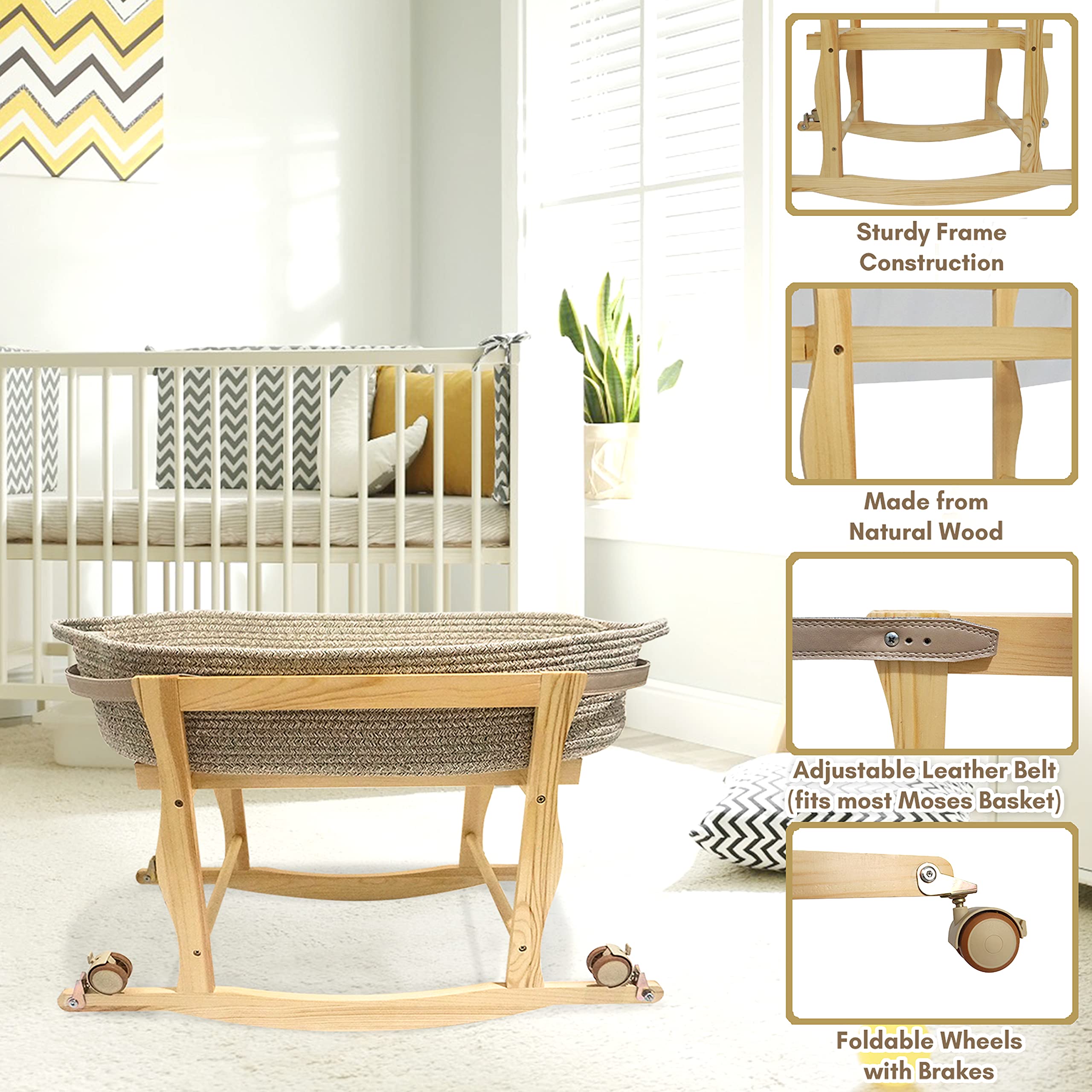 ECOADE Moses Basket Stand rocking action demonstrates gentle soothing for baby