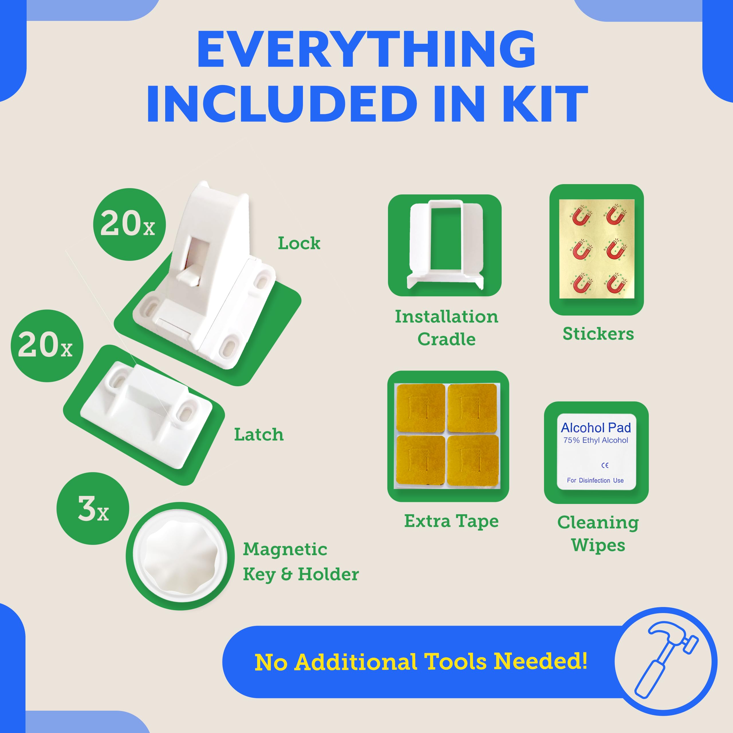 Eco-Baby complete child-proofing kit includes locks, latches, and extra tape for ongoing safety.