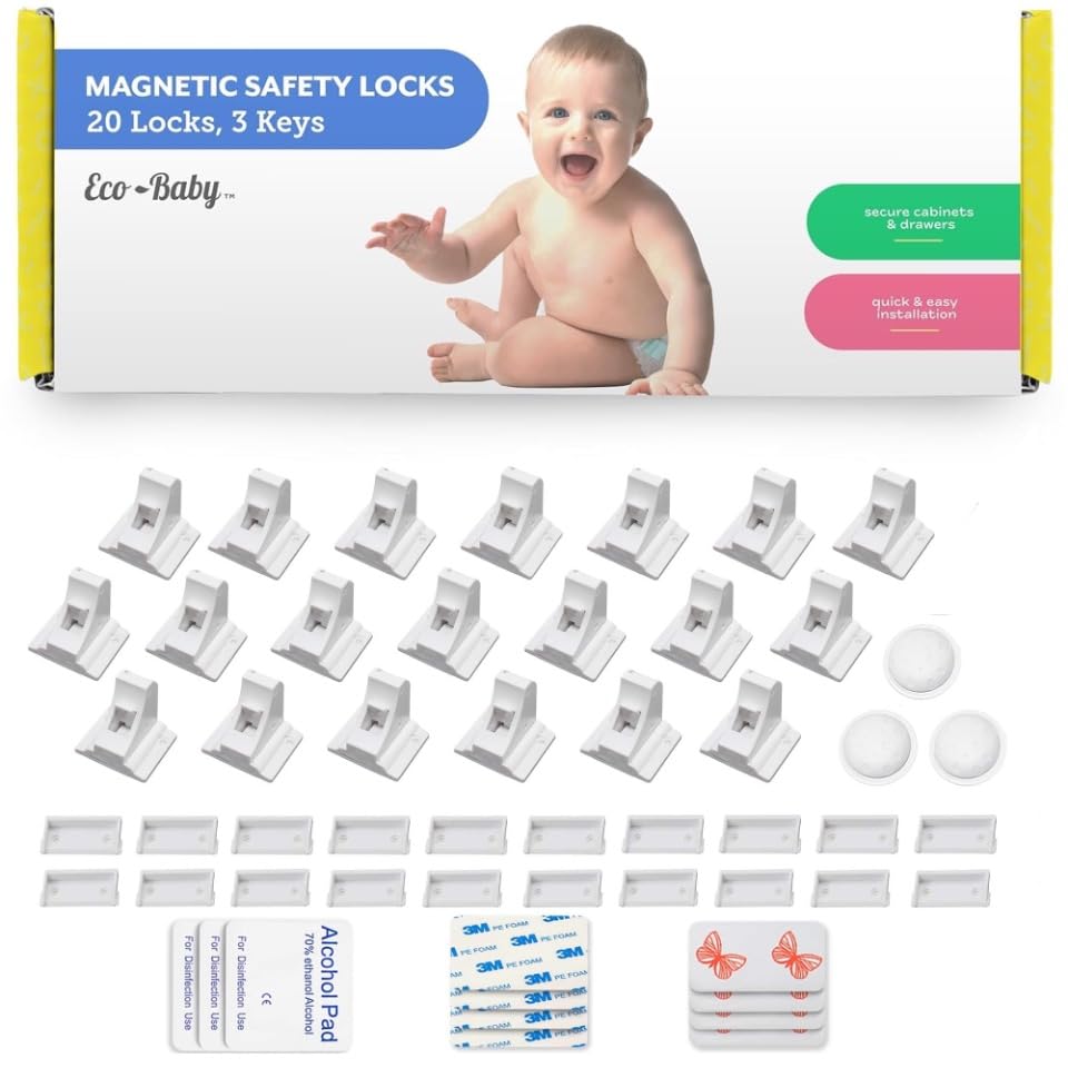 Eco-Baby magnetic cabinet locks pack keeps cabinets secure with quick, tool-free installation.