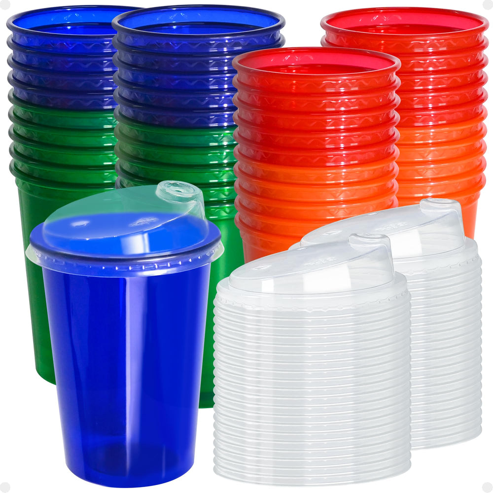 EcoDispose 12oz kids cups red lids for spill-resistant party drinks.