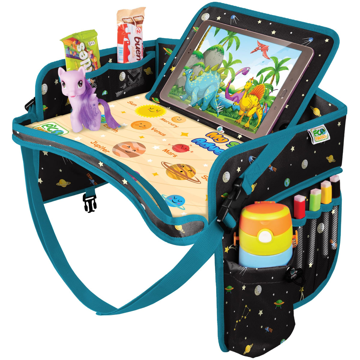 ECOFANTASY car seat tray in use keeps toys organized during car rides.