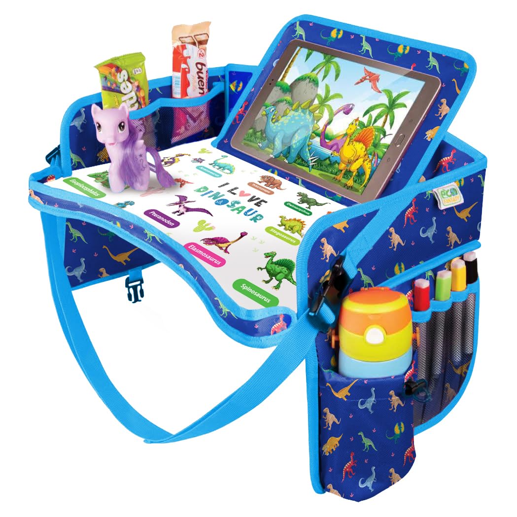 EcoFantasy Kids Travel Tray blue on car seat keeps toys organized during trips.