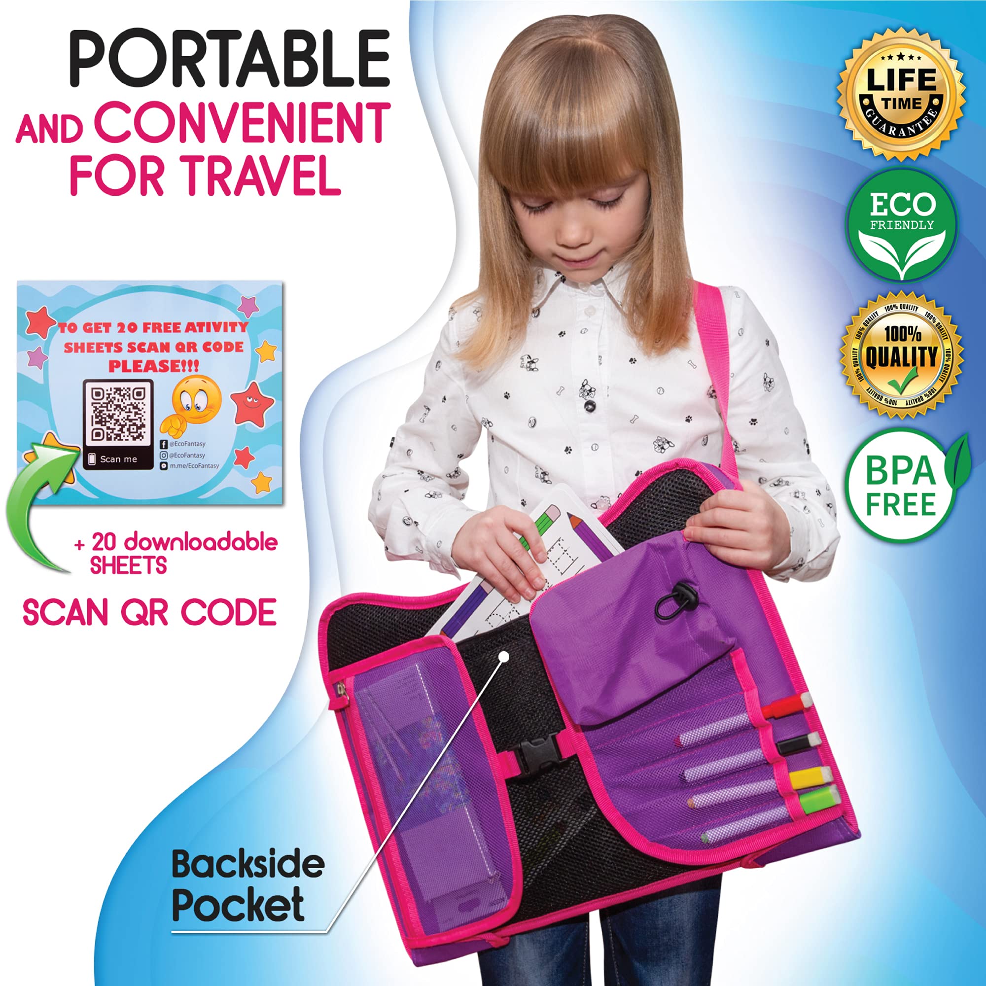 ECOFANTASY Travel Tray in-use on plane or car for versatile kid activity.