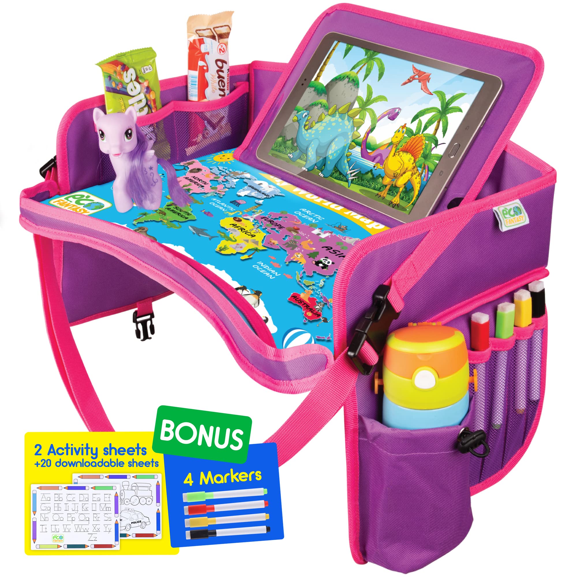 ECOFANTASY Kids Travel Tray lap table keeps snacks within reach during car rides.