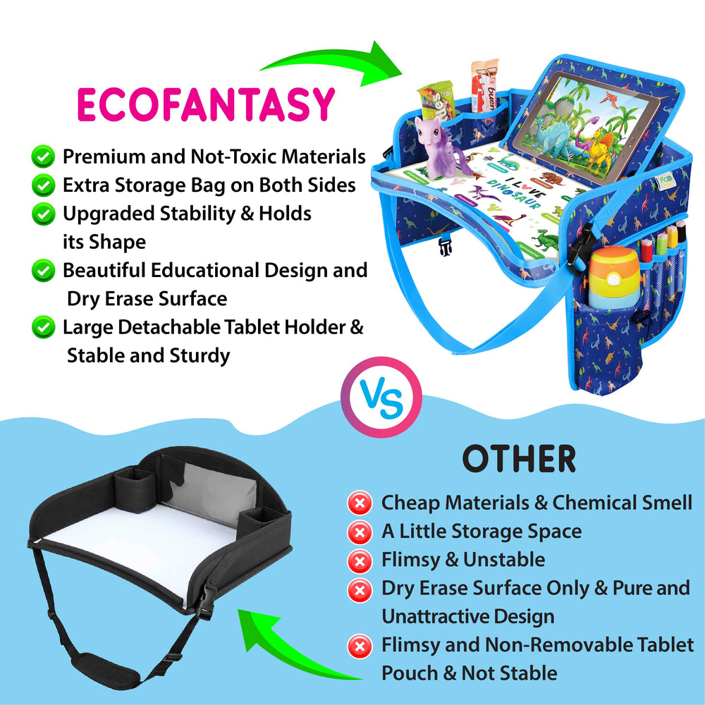 EcoFantasy travel tray with side pockets stores toys and snacks.