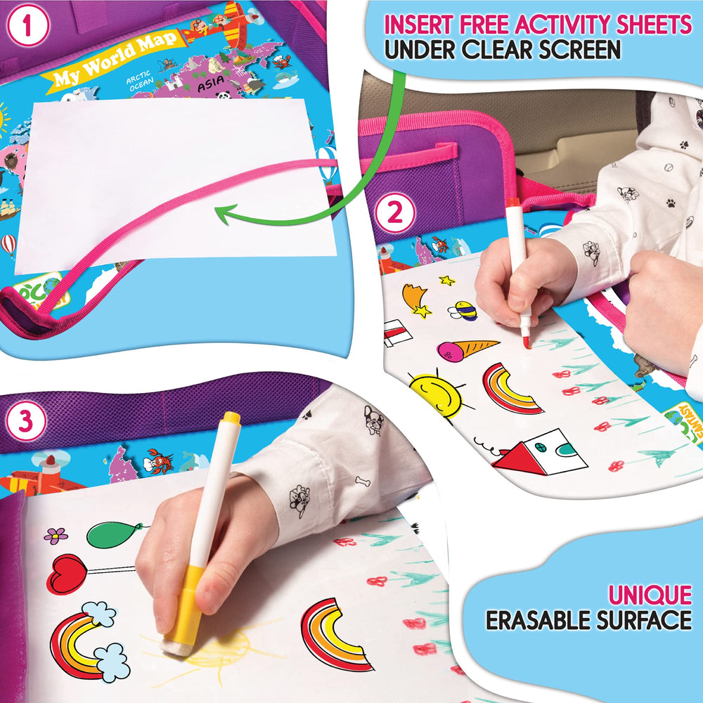ECOFANTASY World-map design on tray promotes educational play during trips.