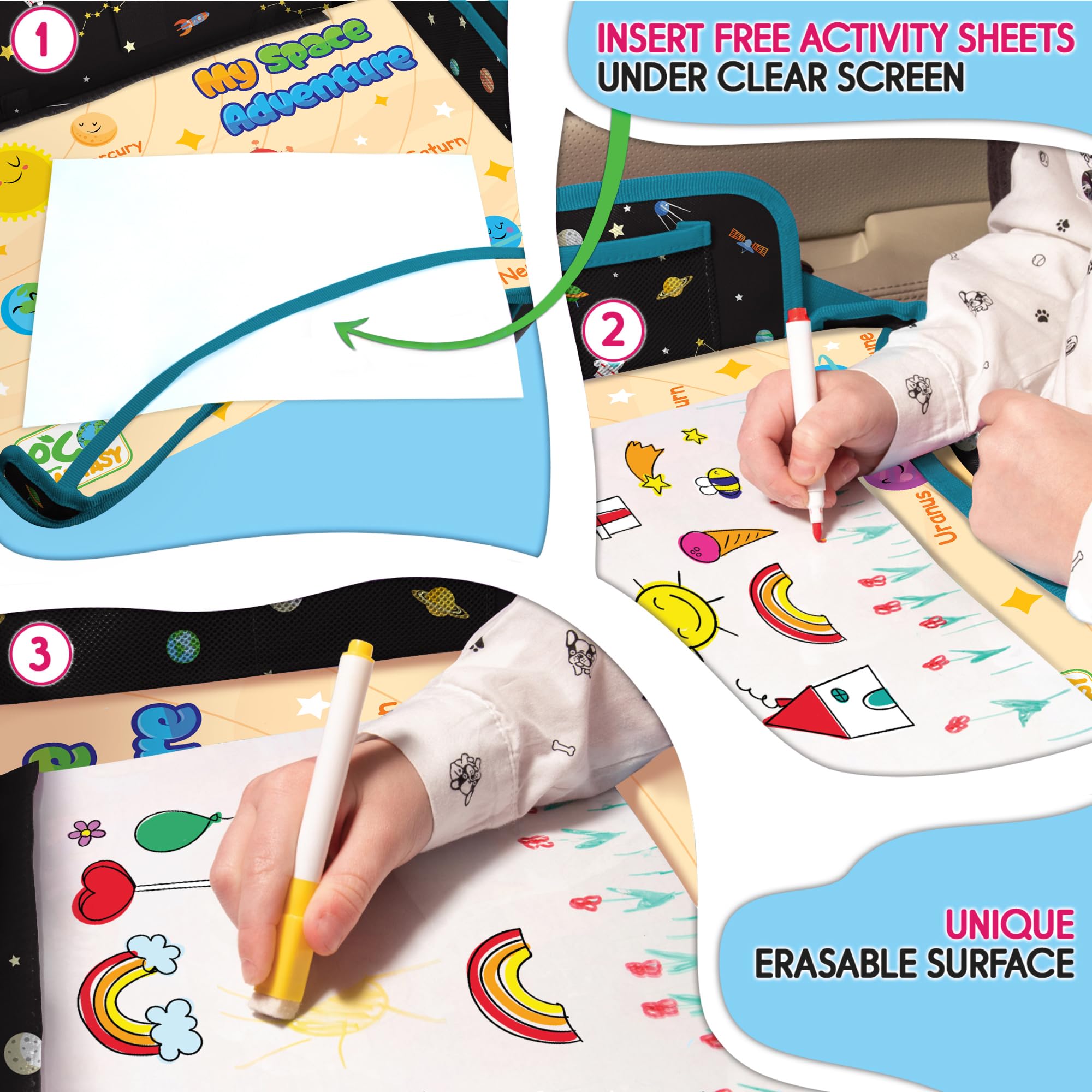 ECOFANTASY toddler travel desk offers a stable workspace in cars.