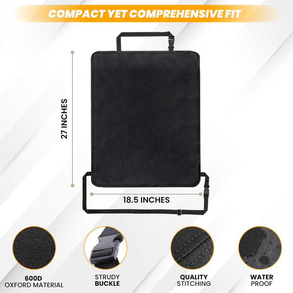EcoNour back seat protector with kids shoes demonstrates splash proof protection during messes.