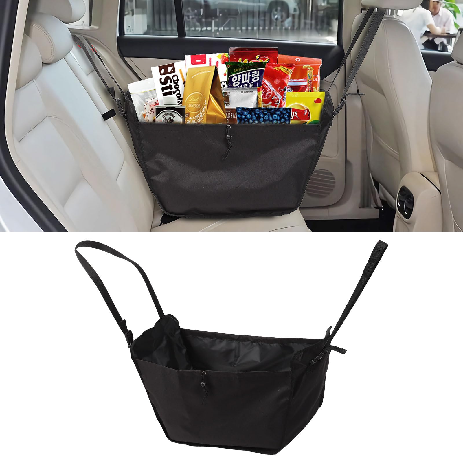 ECOSHIRE car seat organizer hangs in car, keeping essentials within reach during trips.