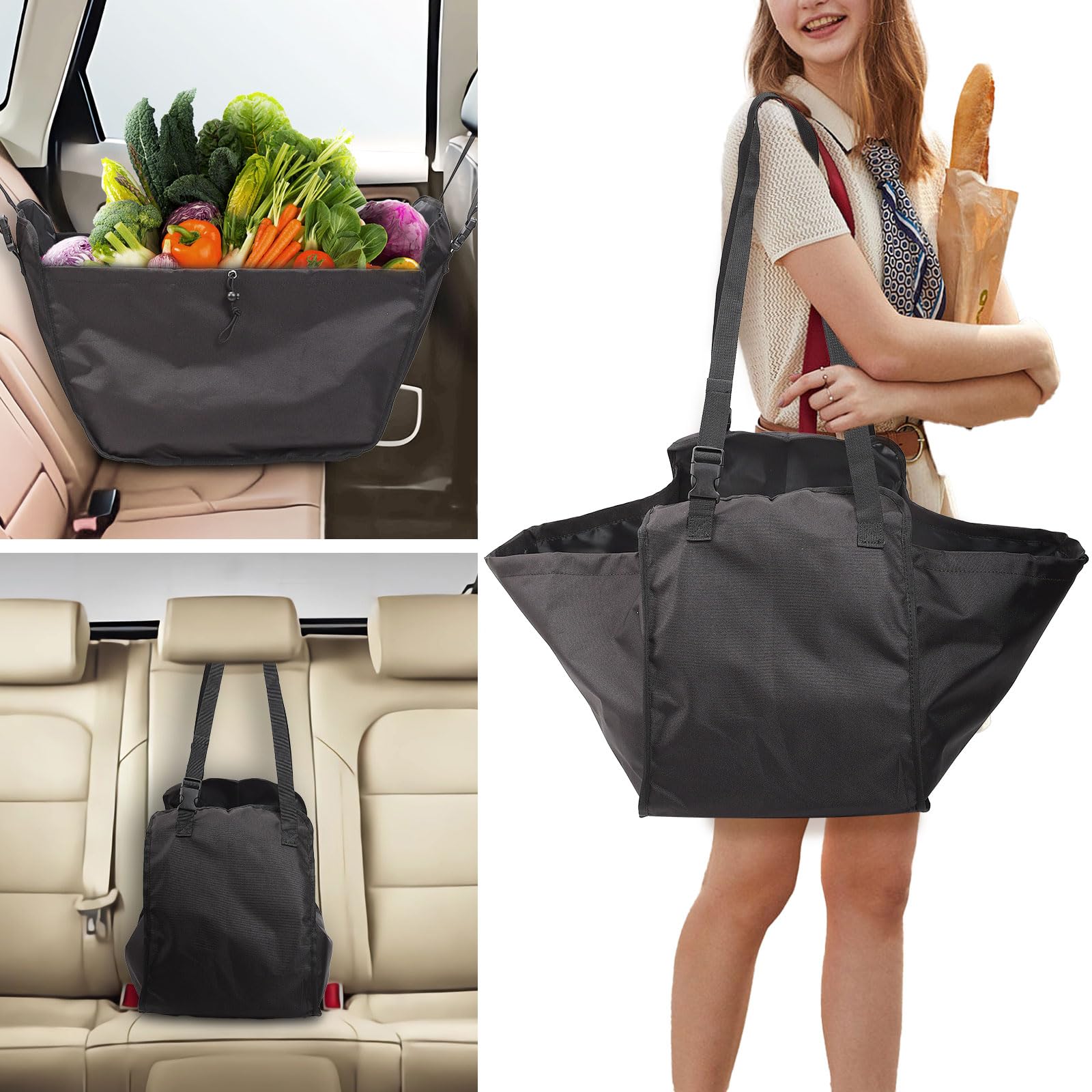 ECOSHIRE car seat organizer doubles as a shopping tote for groceries.