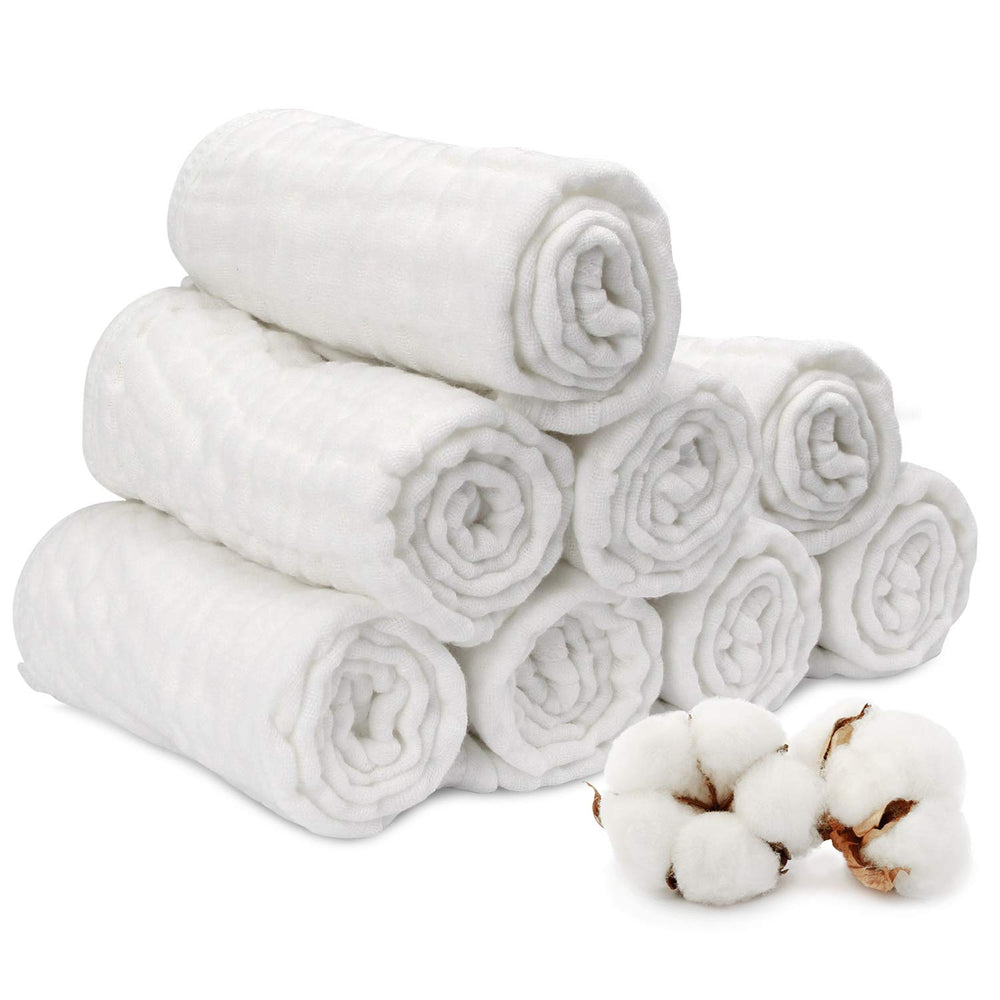 ECOVONA muslin burp cloths 8-pack front view, soft absorbent fabric for spills