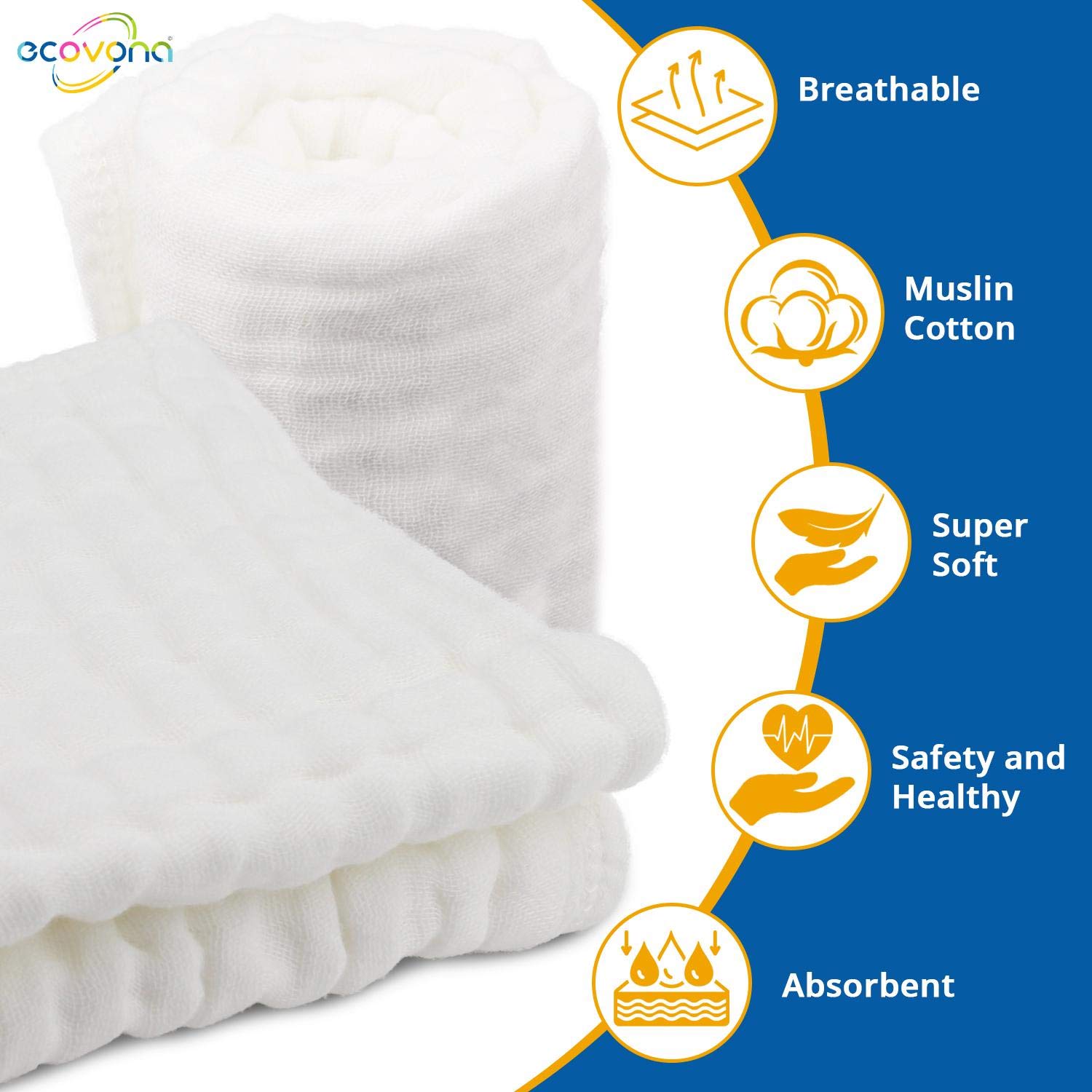 ECOVONA muslin burp cloths draped on shoulder for practical mess protection