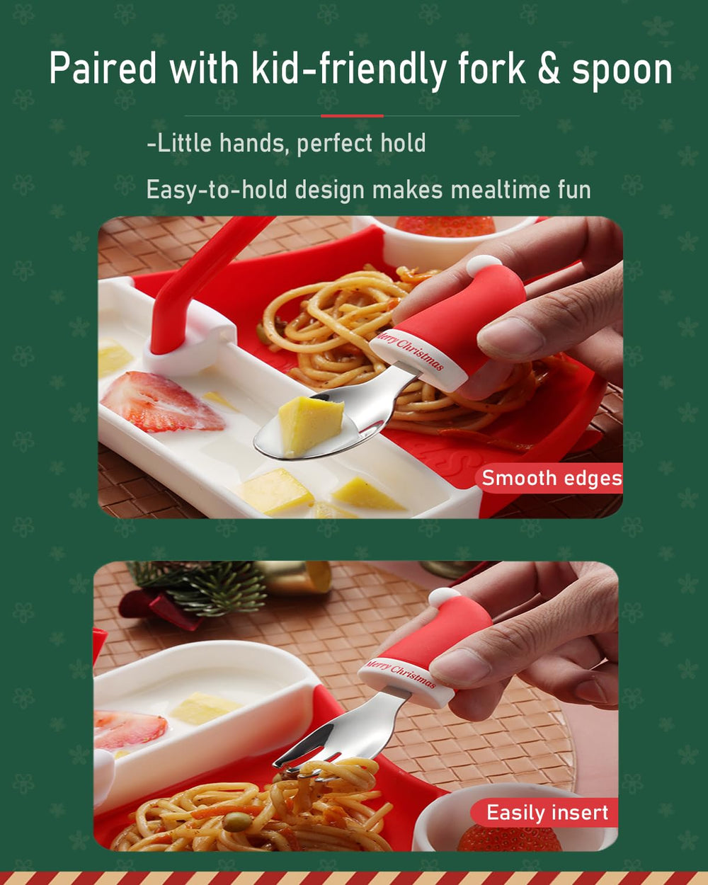 Ecrekhom silicone baby feeding set baby spoon offers easy grip for small hands.