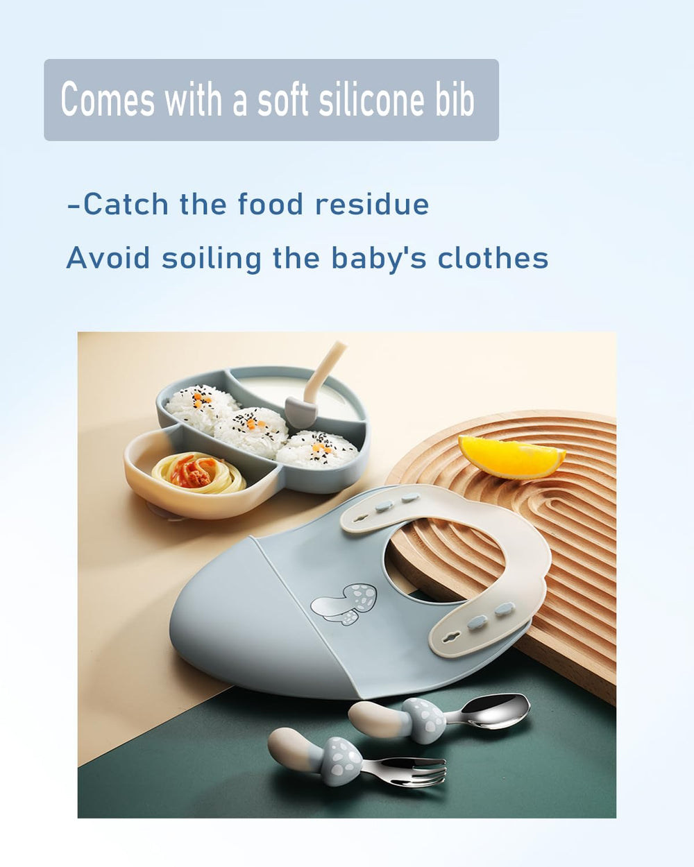 Ecrekhom silicone baby feeding set divided plate demonstrates portion control for balanced meals.