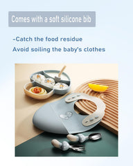 Ecrekhom silicone baby feeding set divided plate demonstrates portion control for balanced meals.