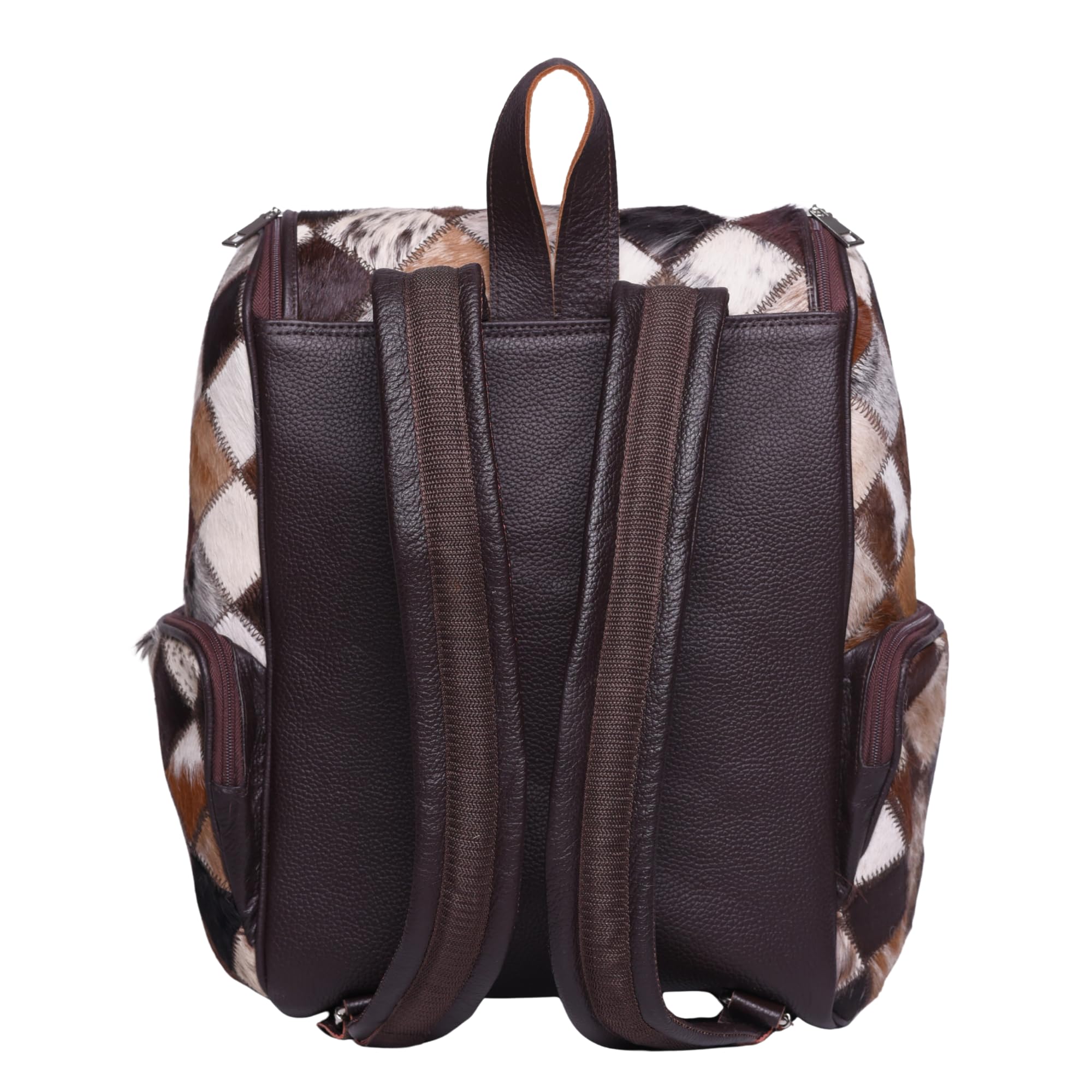 Edgestyle luxury cowhide backpack side pocket view demonstrates accessible storage