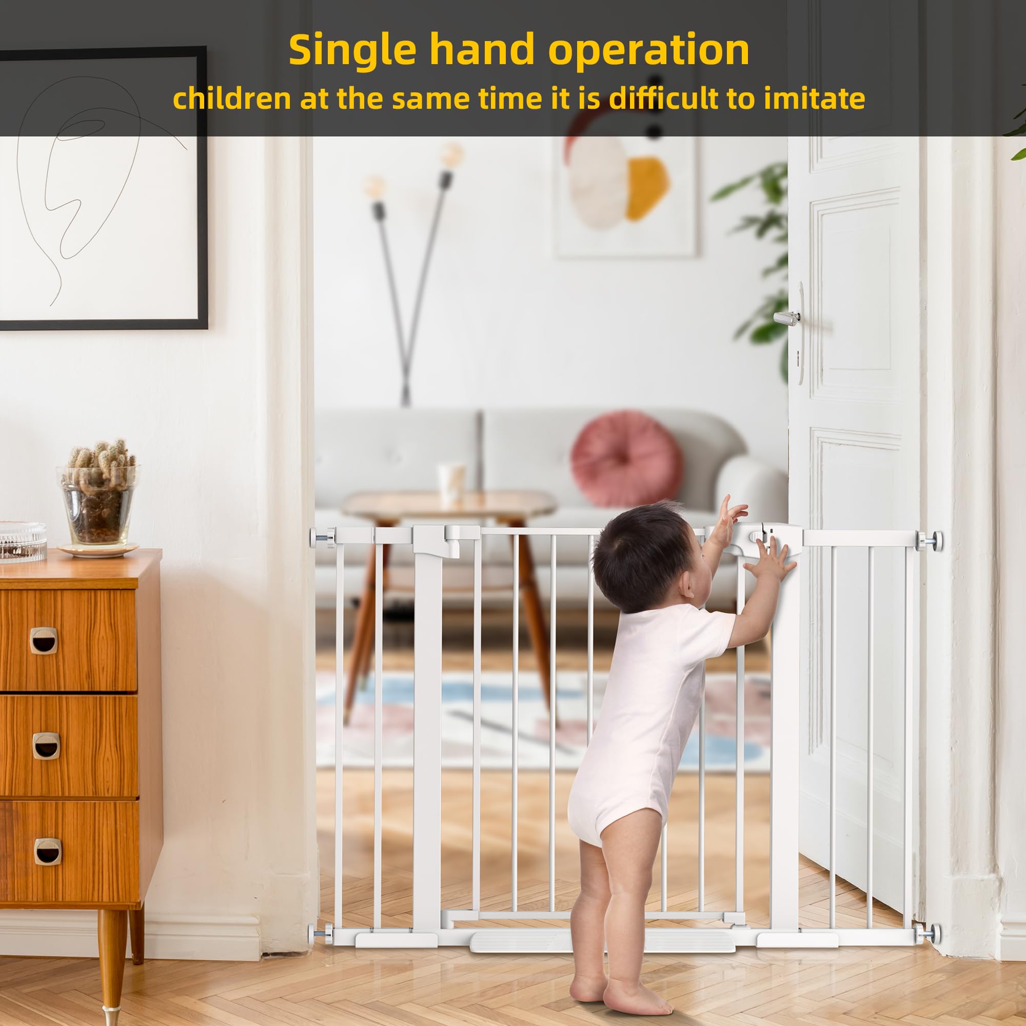 Edmyre Easy Step Walk-Thru Gate in a busy morning setup with kids and pets