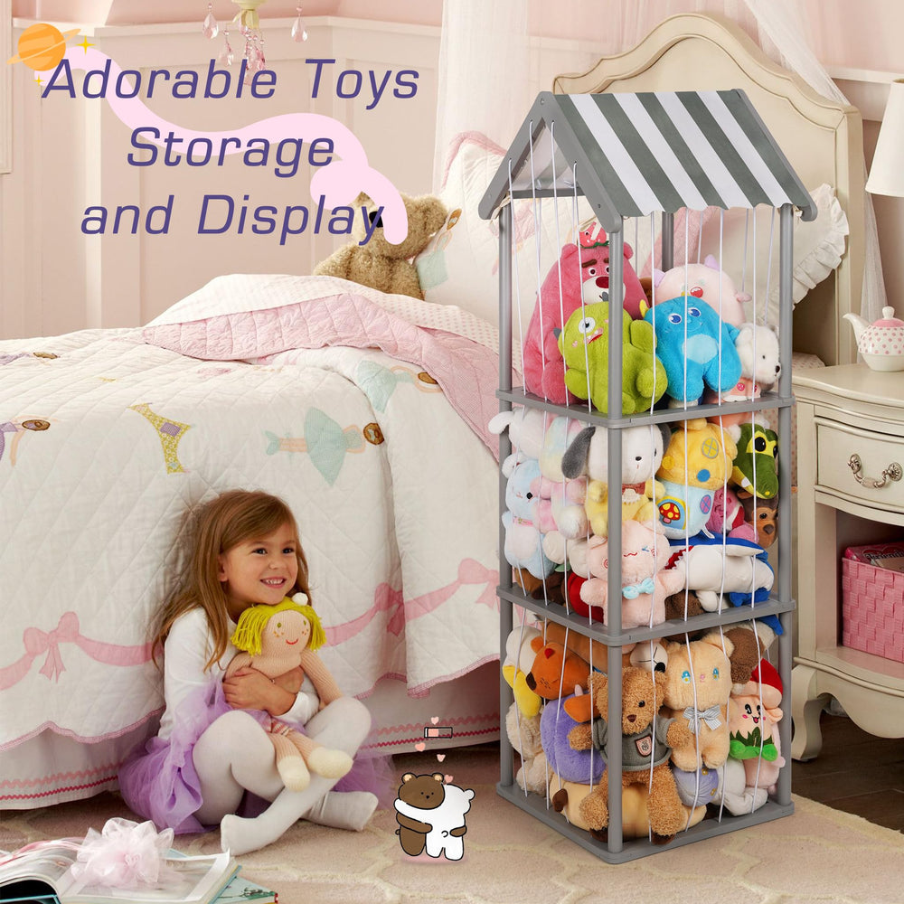 Edudif stuffed animal storage fits neatly in a corner for compact playrooms.