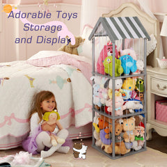 Edudif stuffed animal storage fits neatly in a corner for compact playrooms.