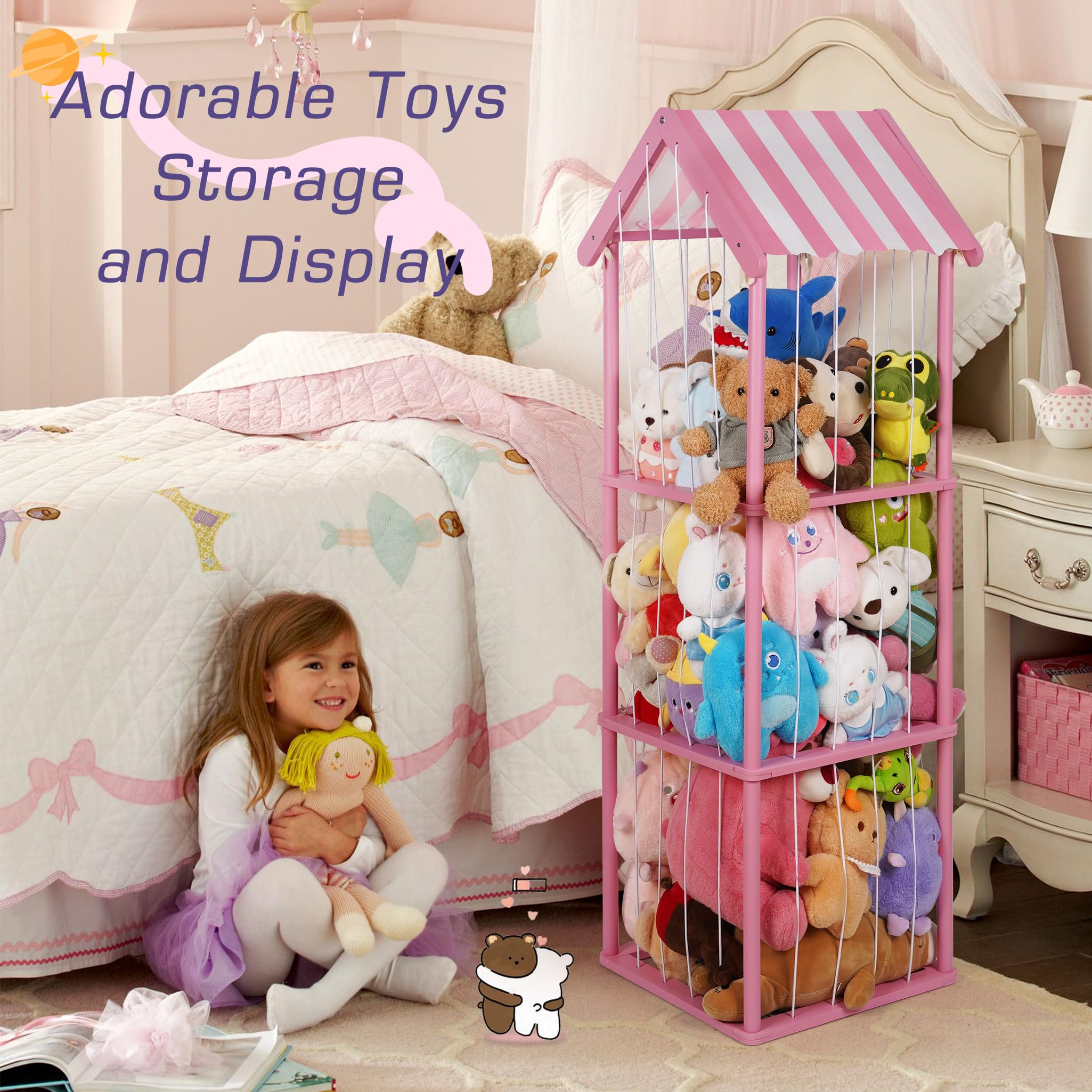 Edudif pink cottage-style storage fits in corners for tidy playroom decor