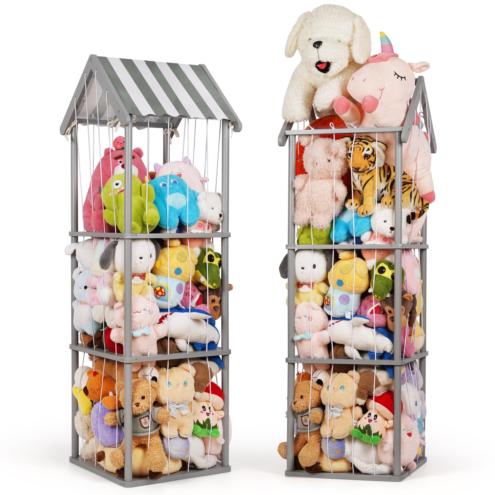 Edudif stuffed animal storage vertical wood unit in gray, saving floor space.