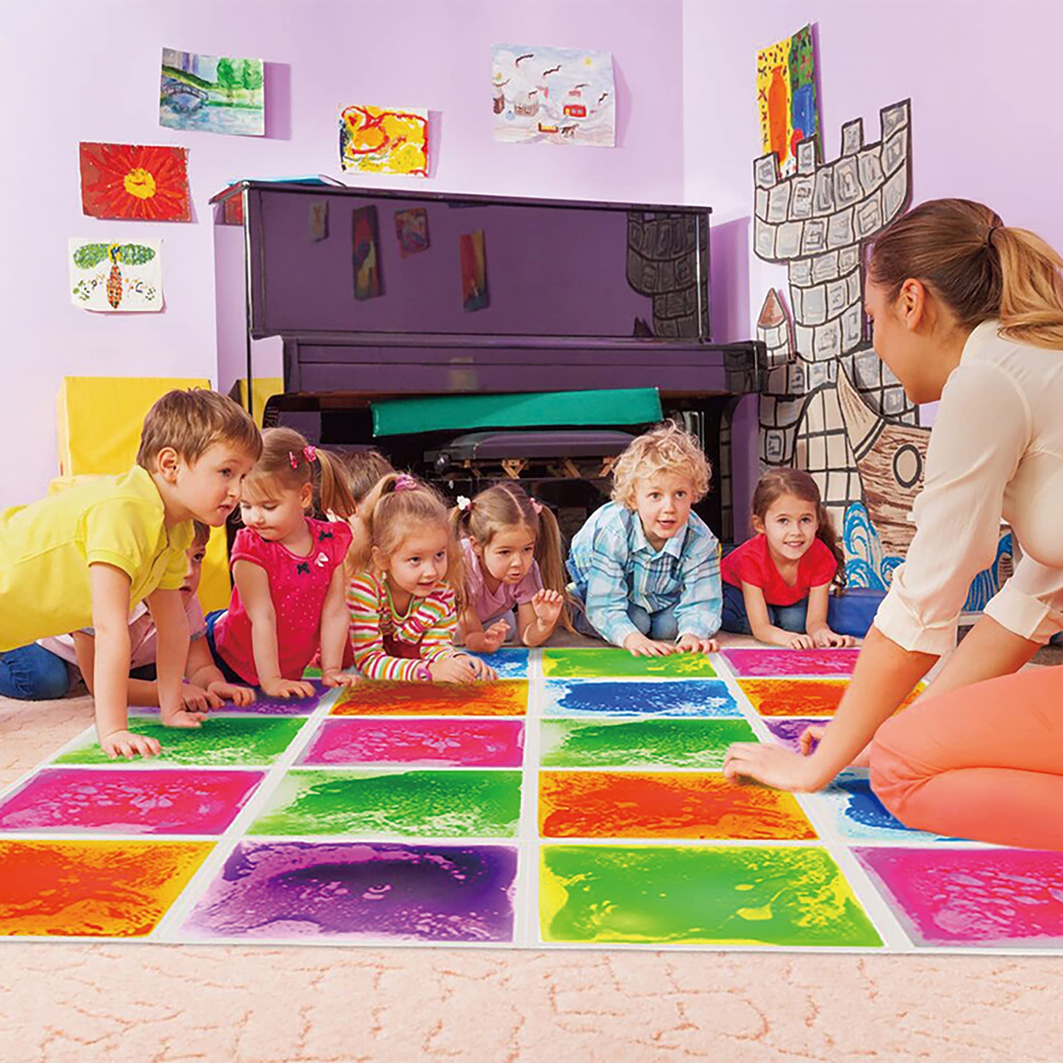 Edusense tiles with kids stepping illustrating durable play surface for everyday use