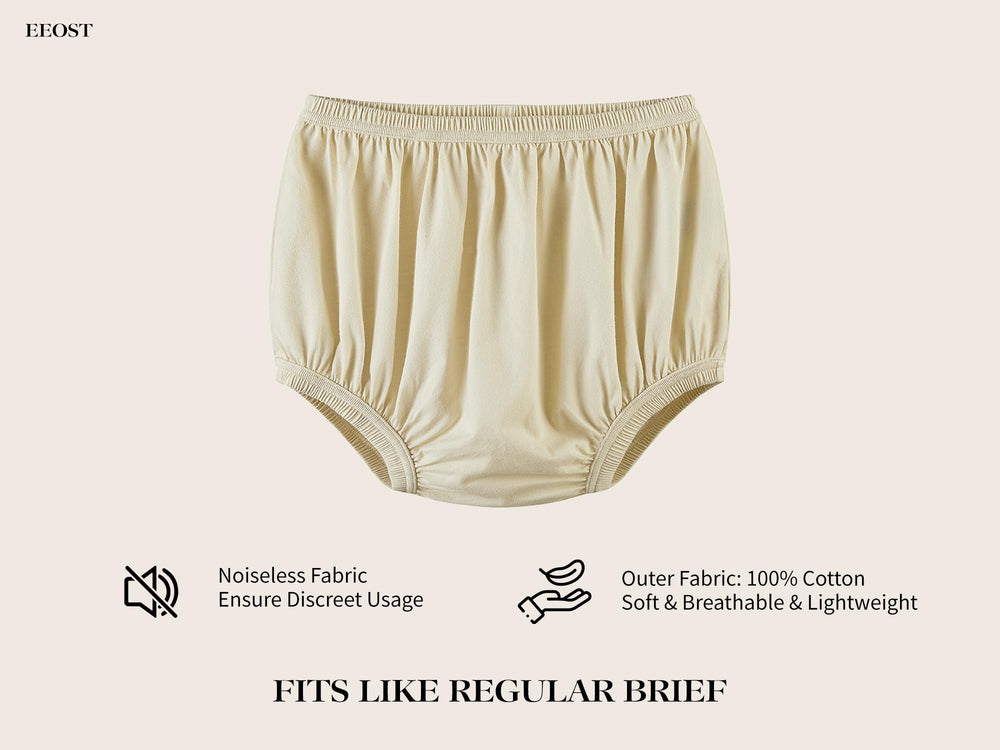 EEOST beige side view highlights snug fit and leak protection for daily wear.