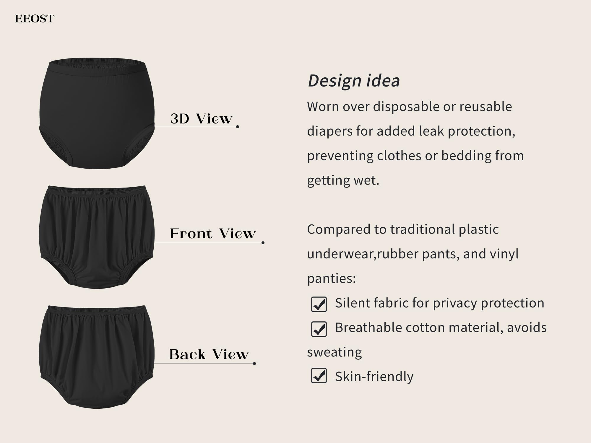 EEOST diaper cover in latex-free breathable fabric keeps skin cool